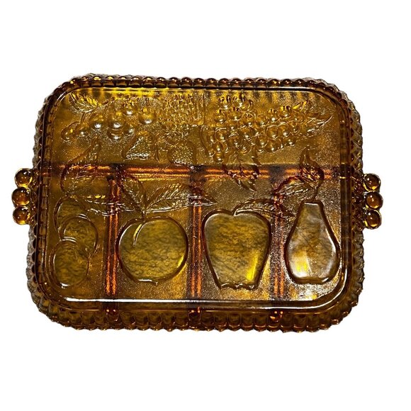 Vintage Amber Glass Serving Platter Rectangle 13" x 9" Molded Fruit Charcuterie - Picture 6 of 6